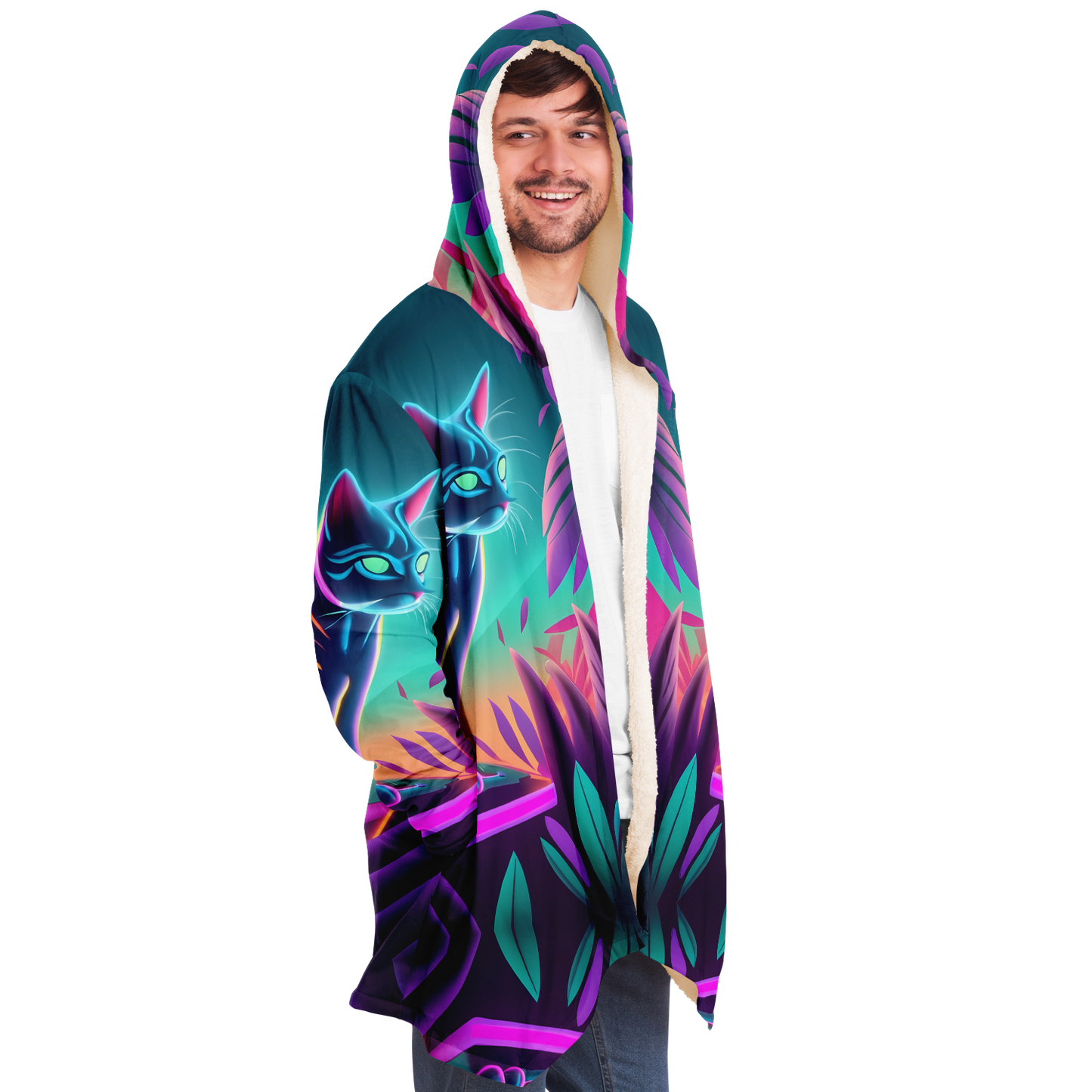 Sudadera con capucha y capa de Neon Kitty en la ciudad futurista 