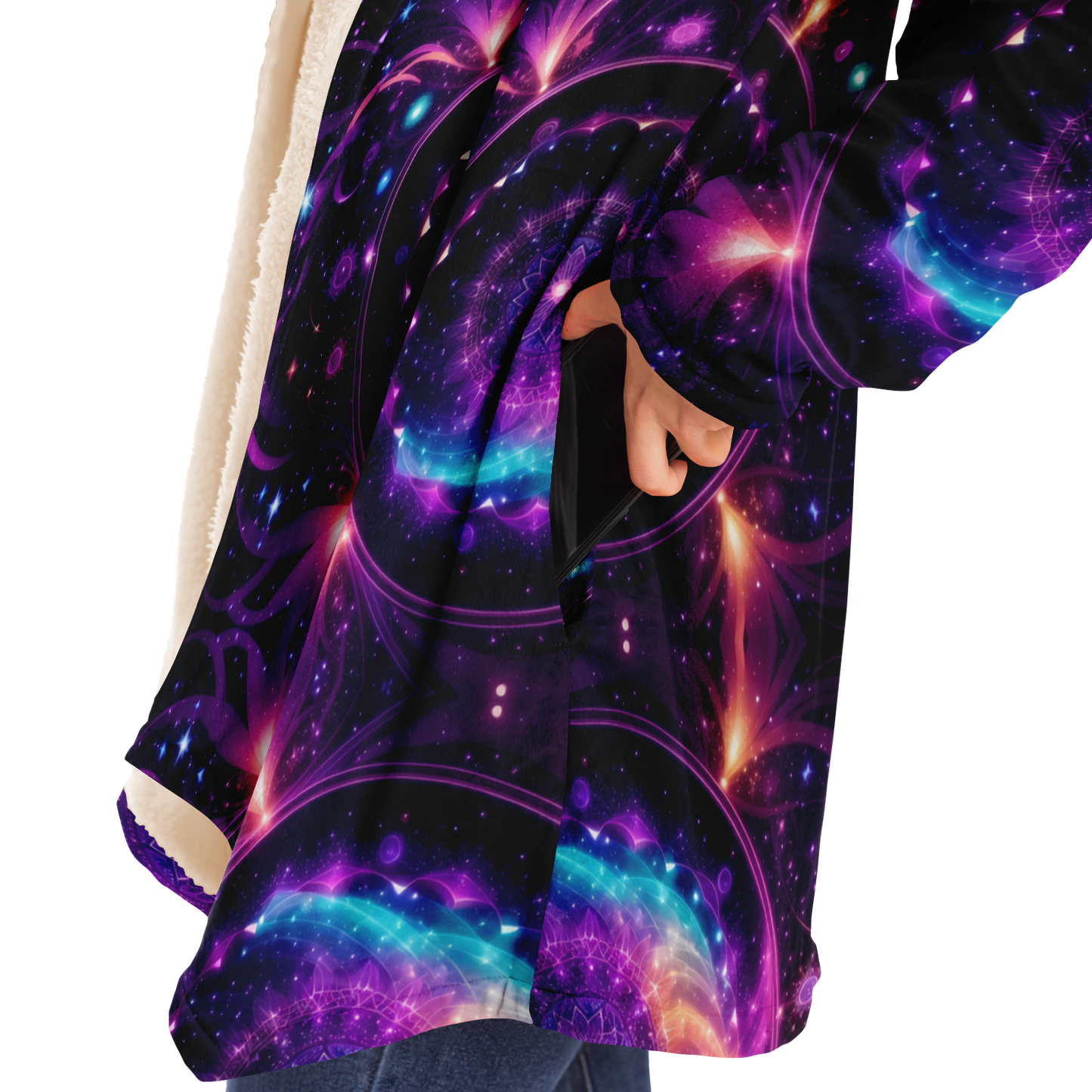 Celestial Harmony: Adorn Yourself with Cloak Hoodie in Purple Galaxy Mandala