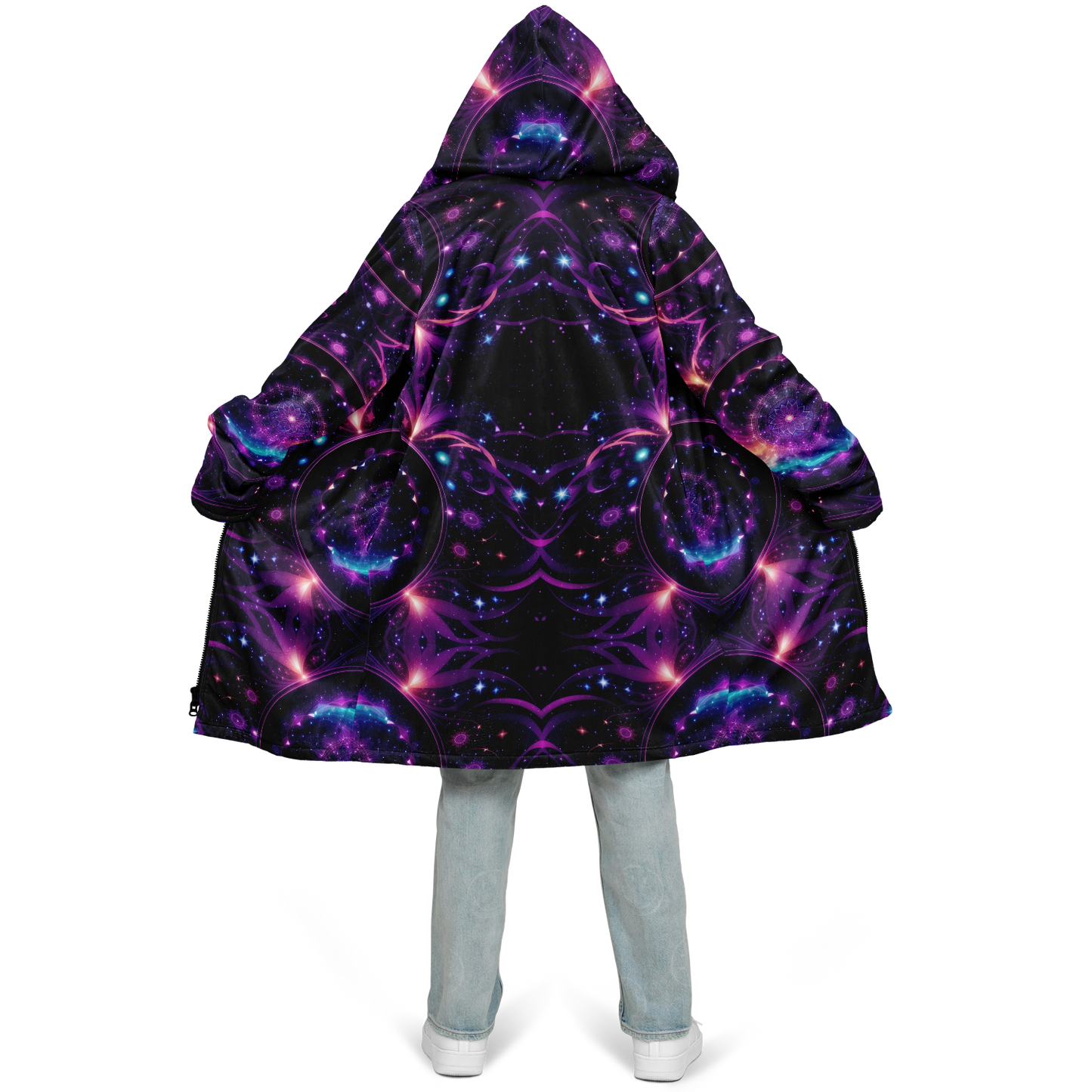 Celestial Harmony: Adorn Yourself with Cloak Hoodie in Purple Galaxy Mandala Zipper