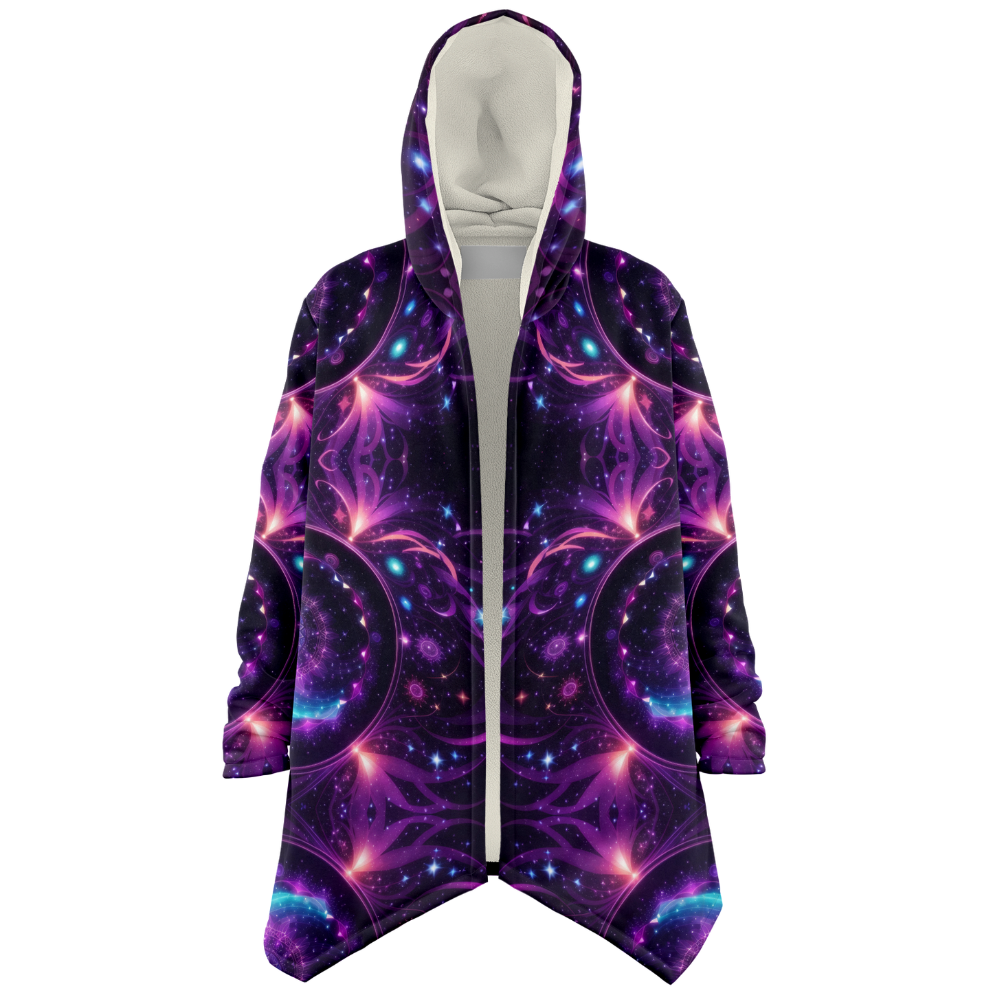 Armonía celestial: Adórnate con una sudadera con capucha y capa en mandala galáctico morado 