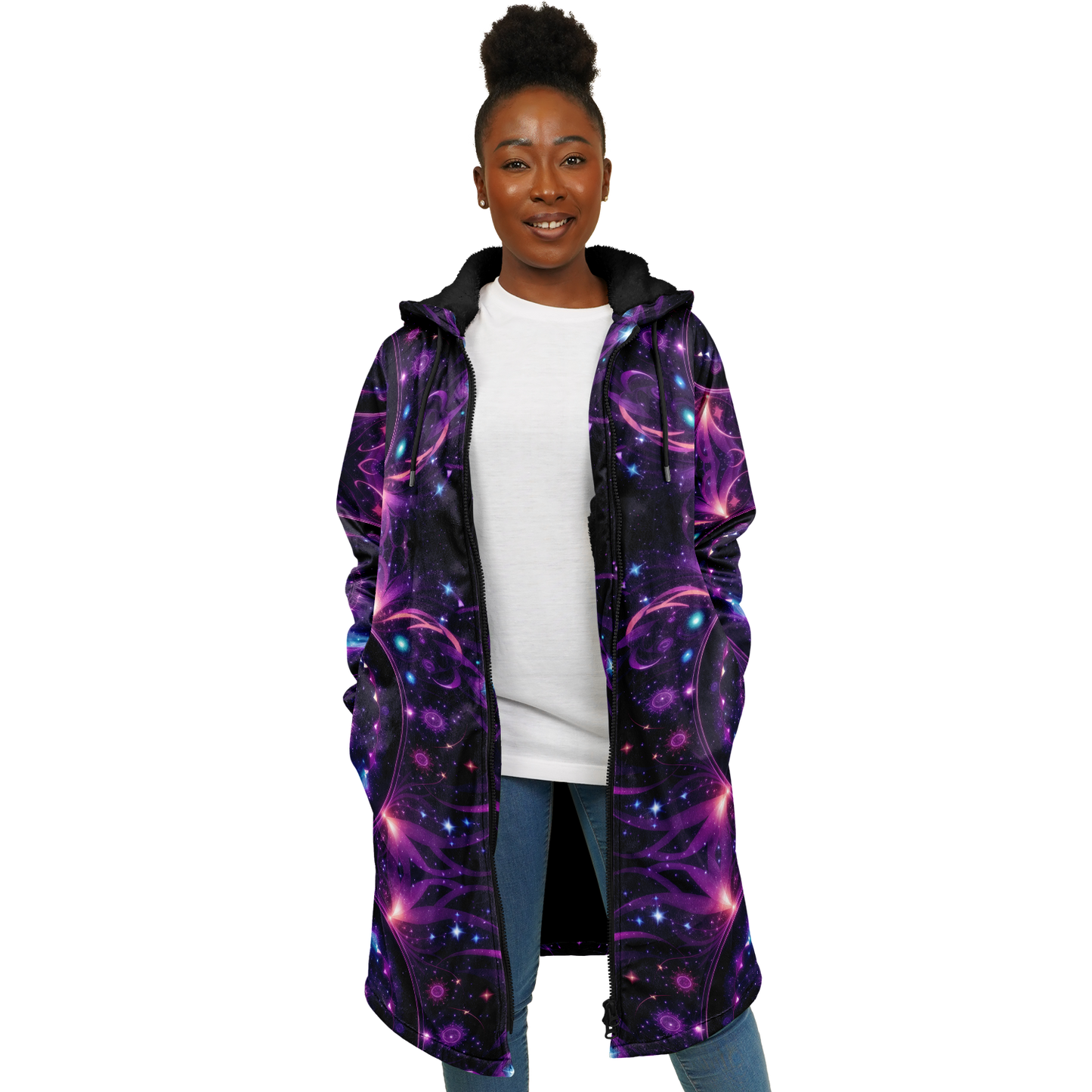 Celestial Harmony: Adorn Yourself with Cloak Hoodie in Purple Galaxy Mandala Zipper