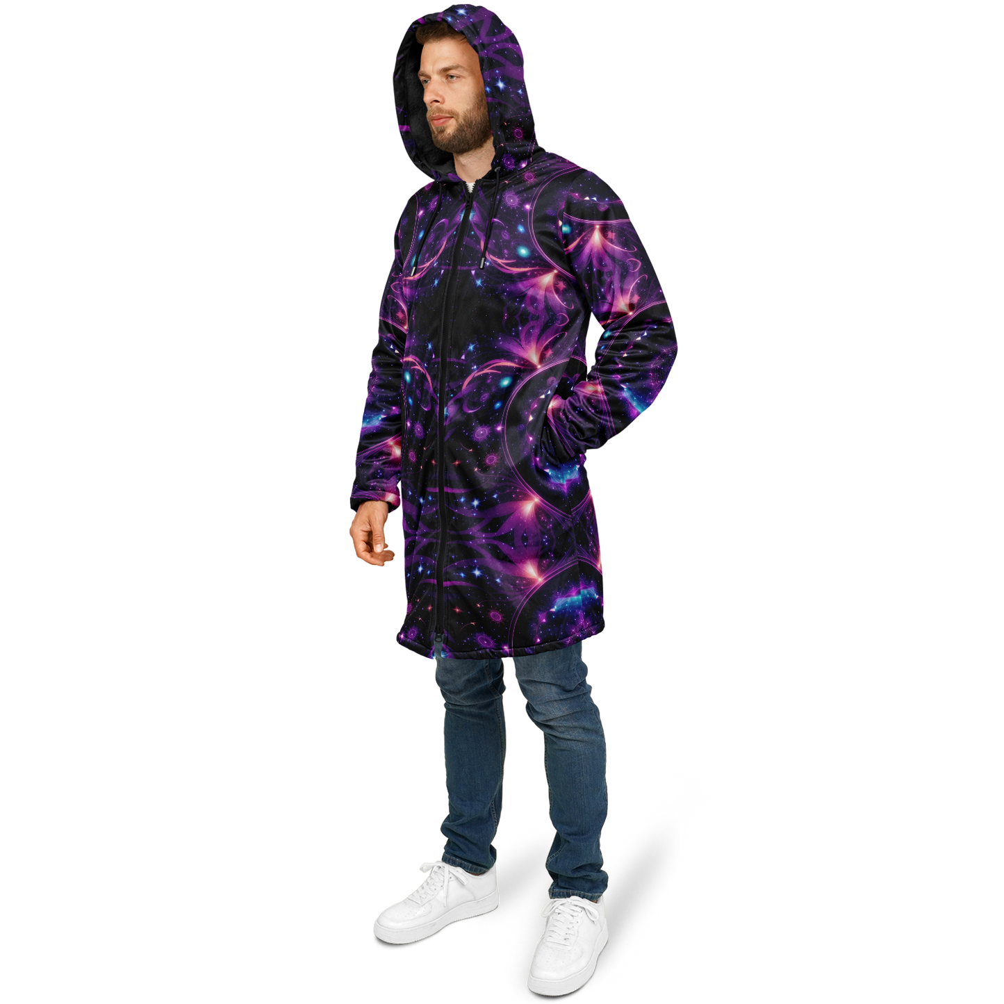 Celestial Harmony: Adorn Yourself with Cloak Hoodie in Purple Galaxy Mandala Zipper