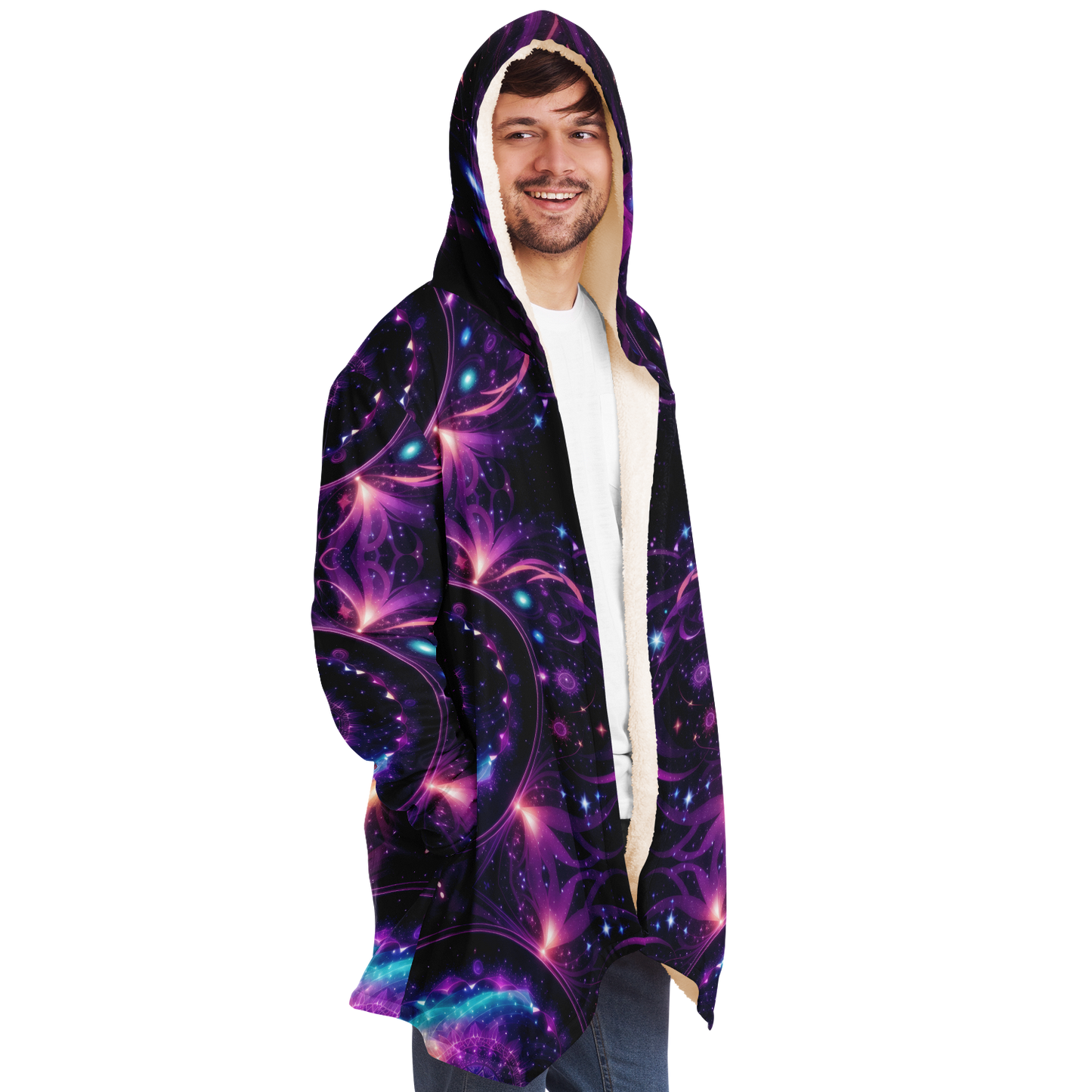 Celestial Harmony: Adorn Yourself with Cloak Hoodie in Purple Galaxy Mandala