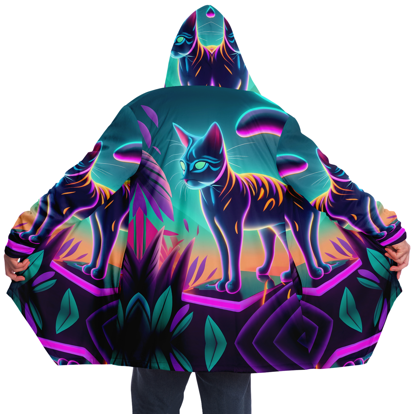 Sudadera con capucha y capa de Neon Kitty en la ciudad futurista 