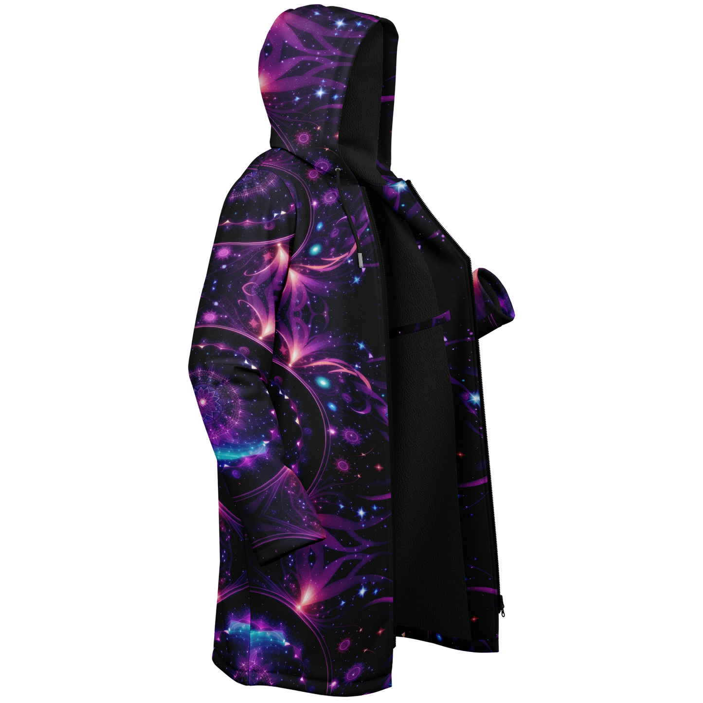 Celestial Harmony: Adorn Yourself with Cloak Hoodie in Purple Galaxy Mandala Zipper