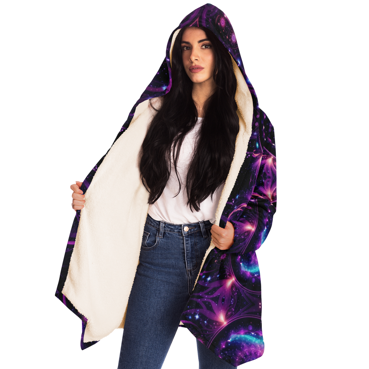 Armonía celestial: Adórnate con una sudadera con capucha y capa en mandala galáctico morado 