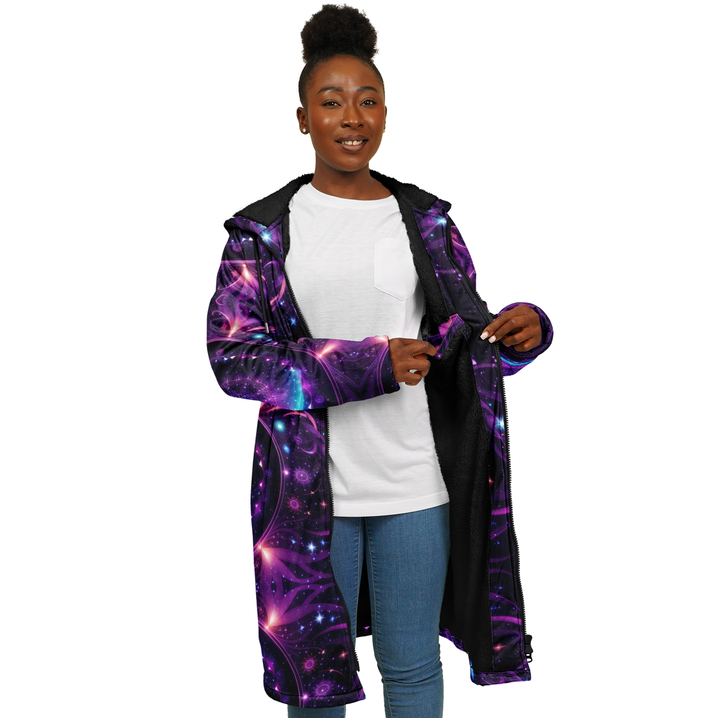 Celestial Harmony: Adorn Yourself with Cloak Hoodie in Purple Galaxy Mandala Zipper