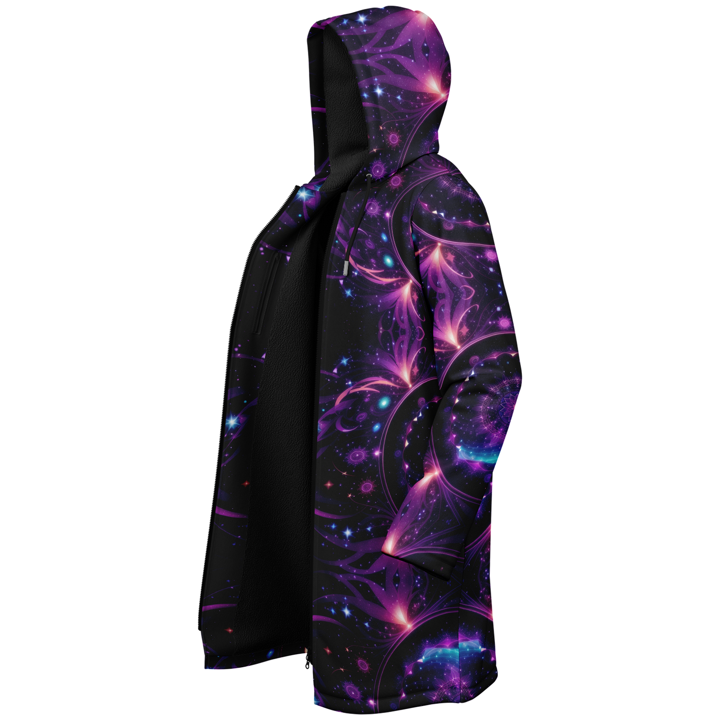 Celestial Harmony: Adorn Yourself with Cloak Hoodie in Purple Galaxy Mandala Zipper