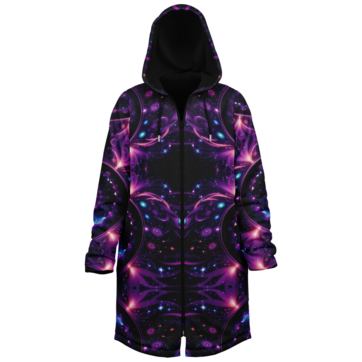 Celestial Harmony: Adorn Yourself with Cloak Hoodie in Purple Galaxy Mandala Zipper