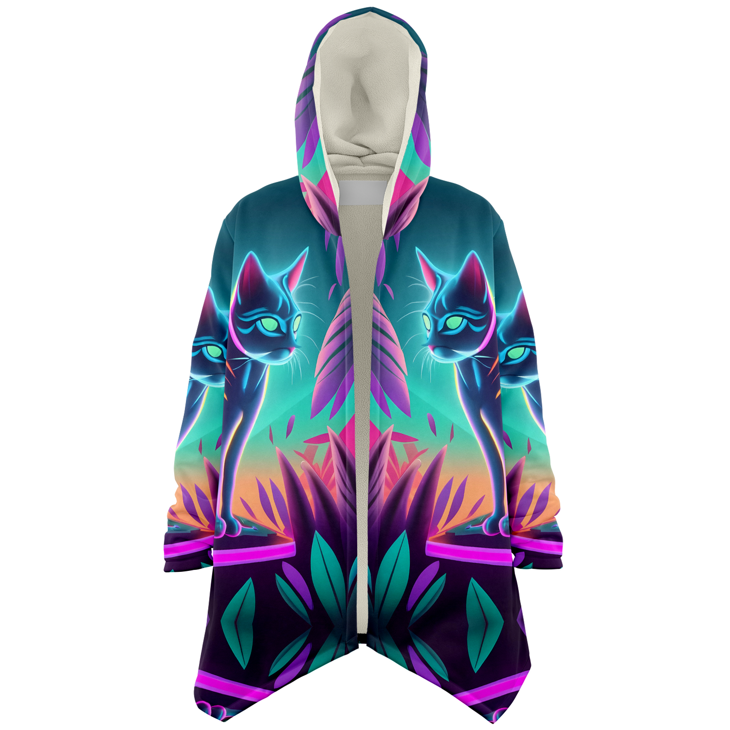 Sudadera con capucha y capa de Neon Kitty en la ciudad futurista 