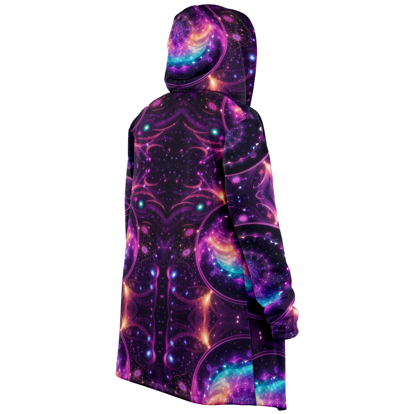 Armonía celestial: Adórnate con una sudadera con capucha y capa en mandala galáctico morado 